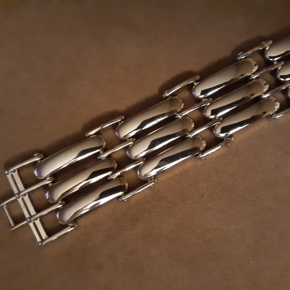 Wide Woven Link Bracelet Silver Chrome Steel Boho